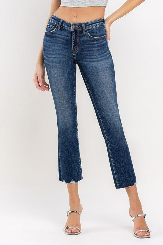 Dark wash cropped mini bootcut jeans with stretch