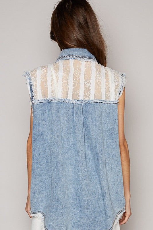 Relaxed fit denim vest with lace, net and floral patch inserts