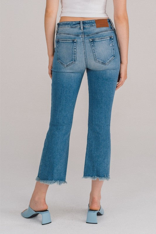 Hidden medium wash frayed hem crop flare jeans