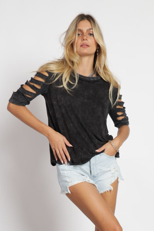 Black mineral wash top with sleeve cuts