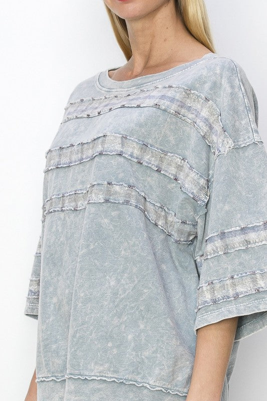 Grey mineral wash lightweight short sleeve sweatshirt with plaid inserts