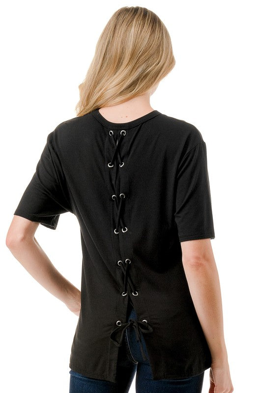 Black laceup back top