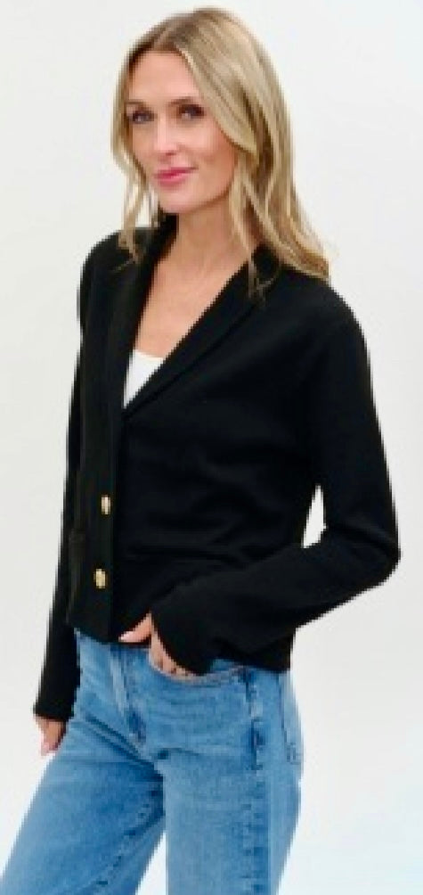 Six Fifty black Lynn knit blazer with gold buttons