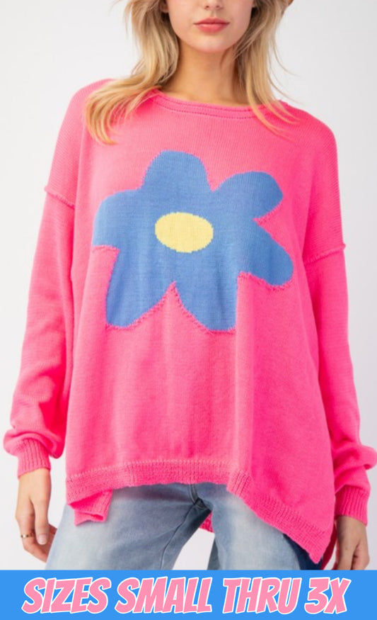 Pink oversized lightweight sweater with daisy (also available in plus size)