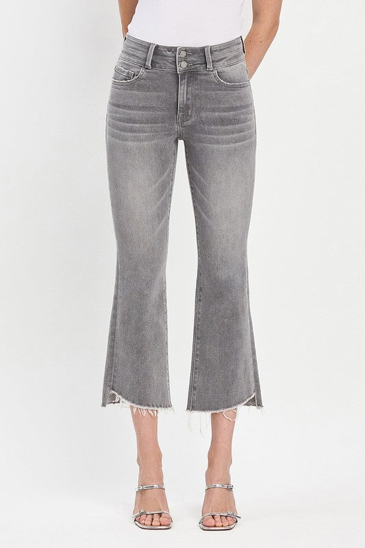 Vervet grey crop flare jeans with stretch and slant hem