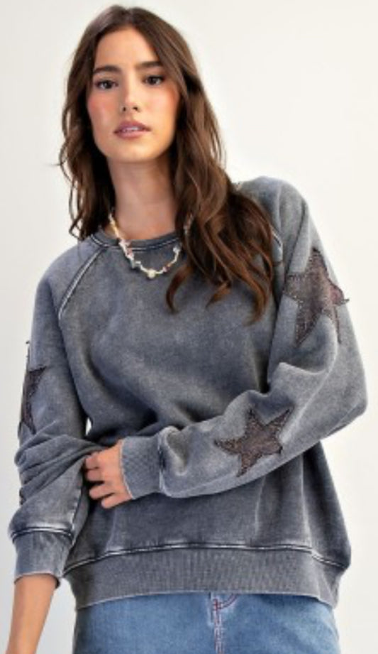 Grey sweatshirt with star patches on sleeves