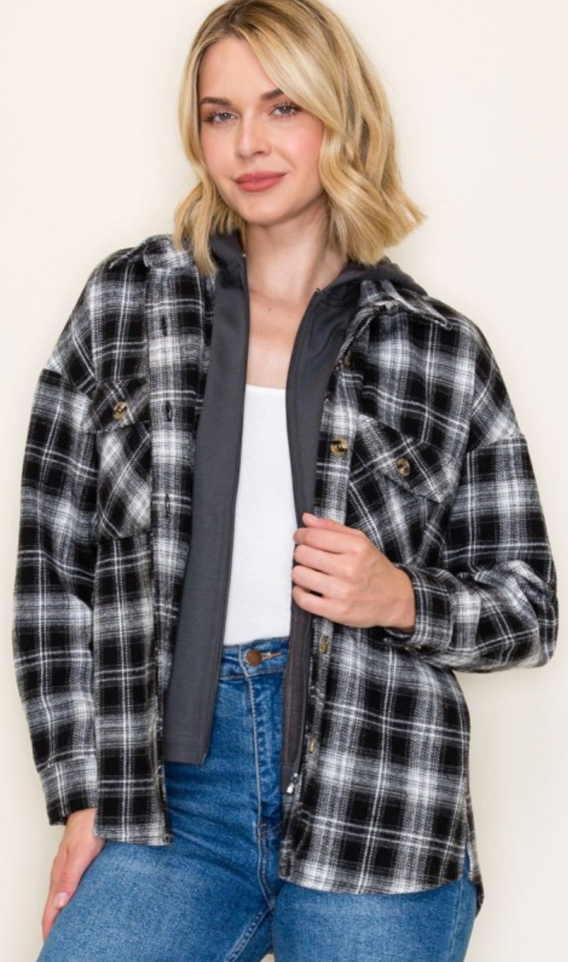 Black/white flannel with fleece zip hooded insert