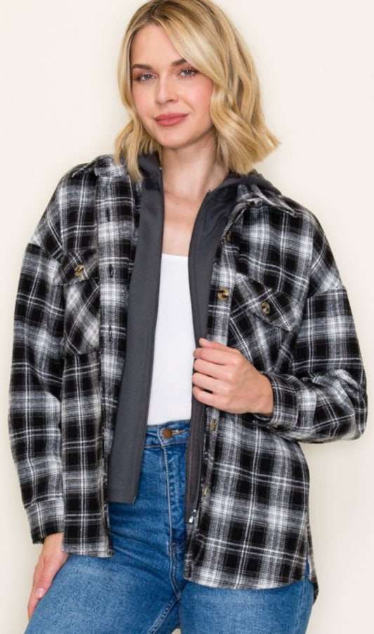 Black/white flannel with fleece zip hooded insert