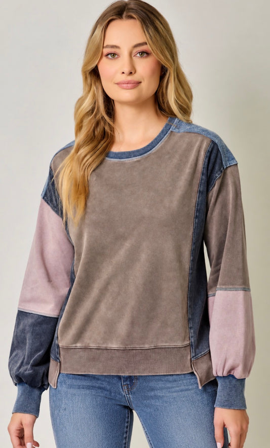 PREORDER NOW, Arriving Friday…Brown/blue/pink colorblock soft sweatshirt