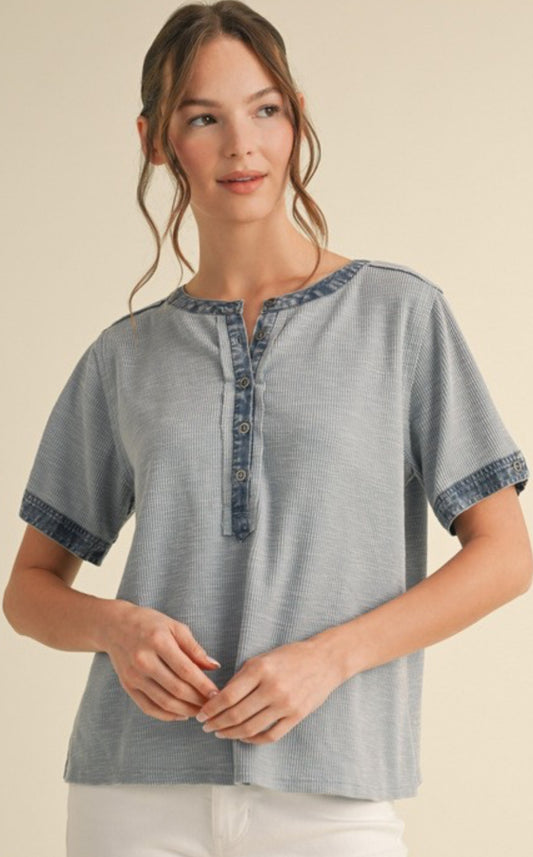 Light blue short sleeve top with denim trim