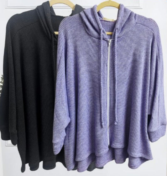 Soft waffle knit short sleeve loose fit zip hoodie (also available in PLUS SIZES)
