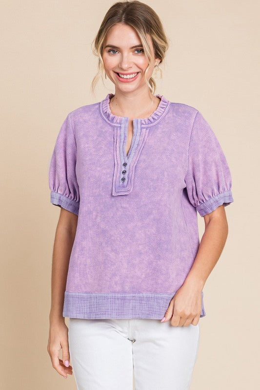 Lilac waffle henley with puff shoulder