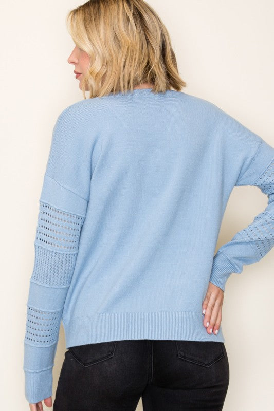 Light blue pointelle v neck lightweight sweater
