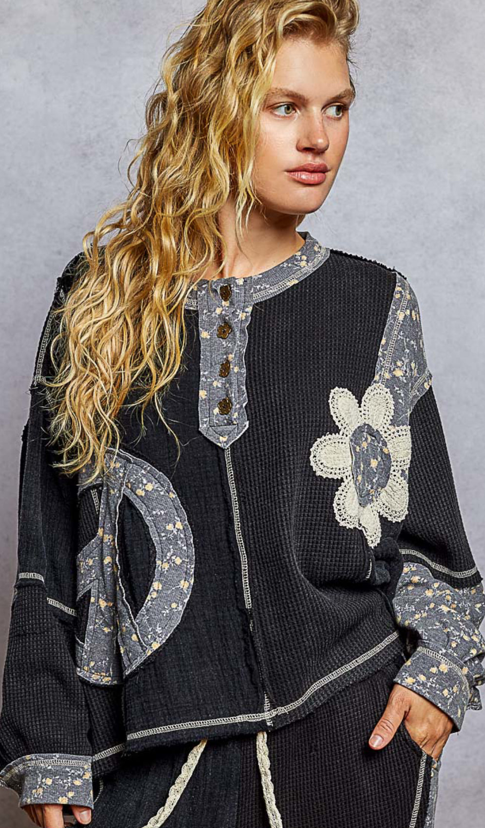 Black waffle henley with floral mix peace sign & daisy