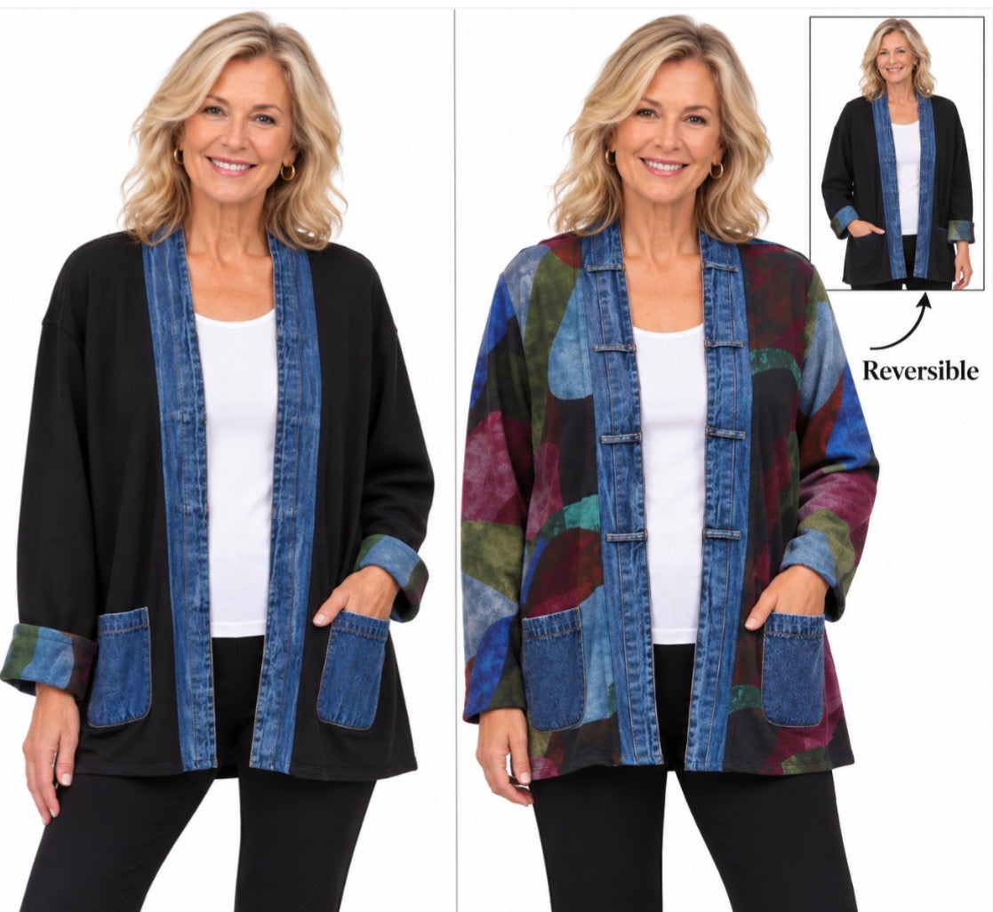 6TH RESTOCK! Reversible cotton cardigan with denim trim and pockets, available in Small through 2X, BEST SELLER!