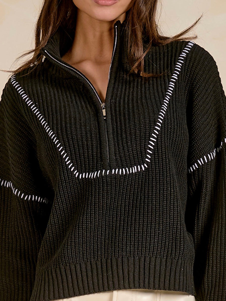 Black soft knit quarter zip sweater with white stitching