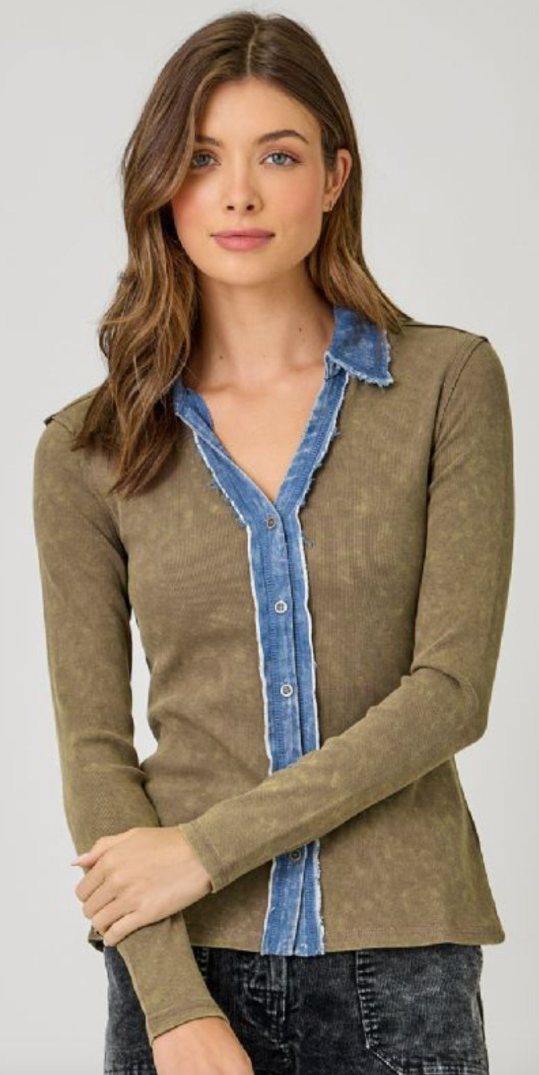 Denim trim soft knit tops with collar