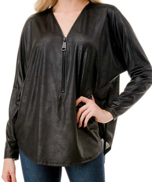 Liquid black loose fit zip top