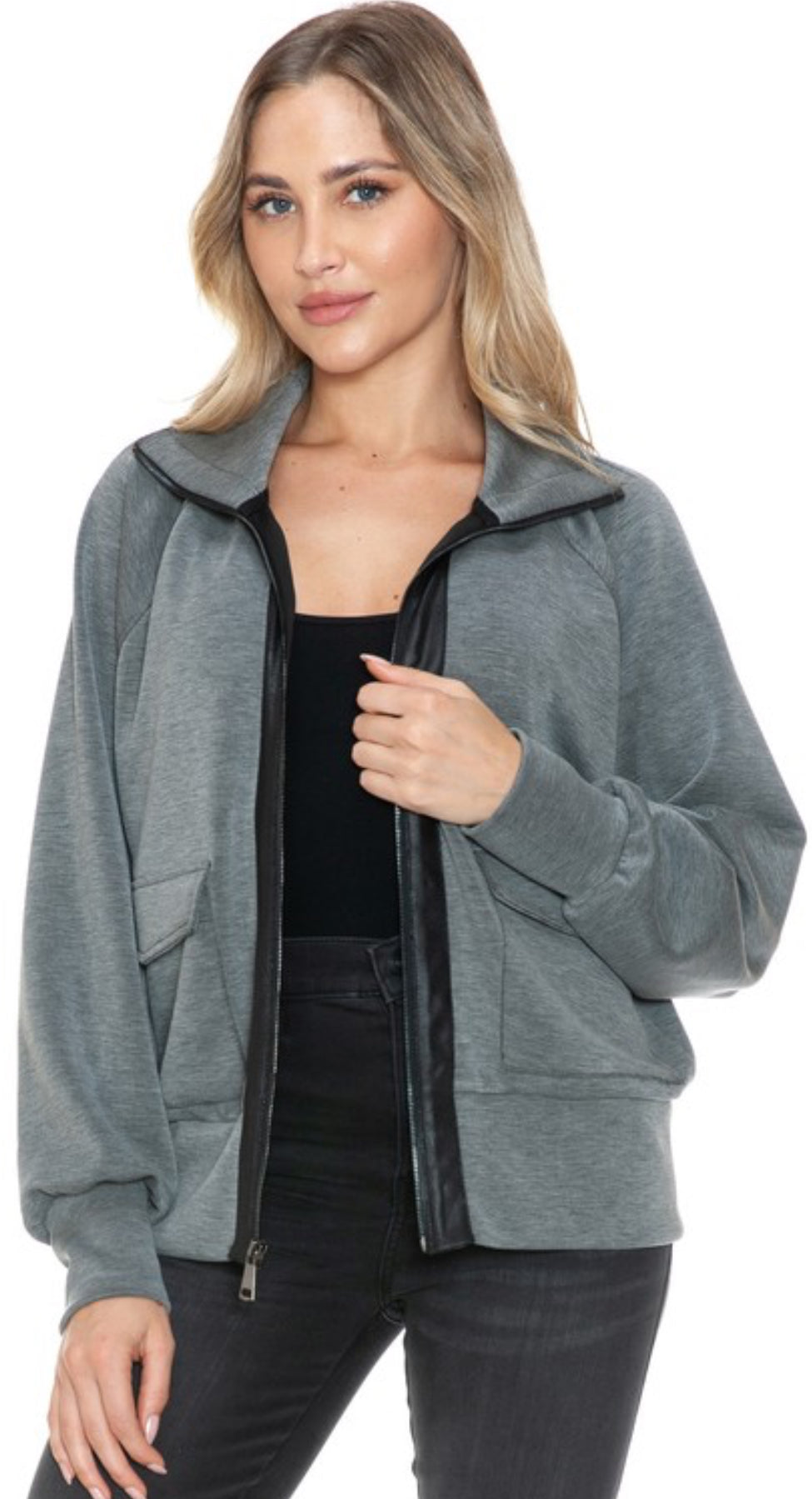 Ariella grey soft zip jacket with black satin trim
