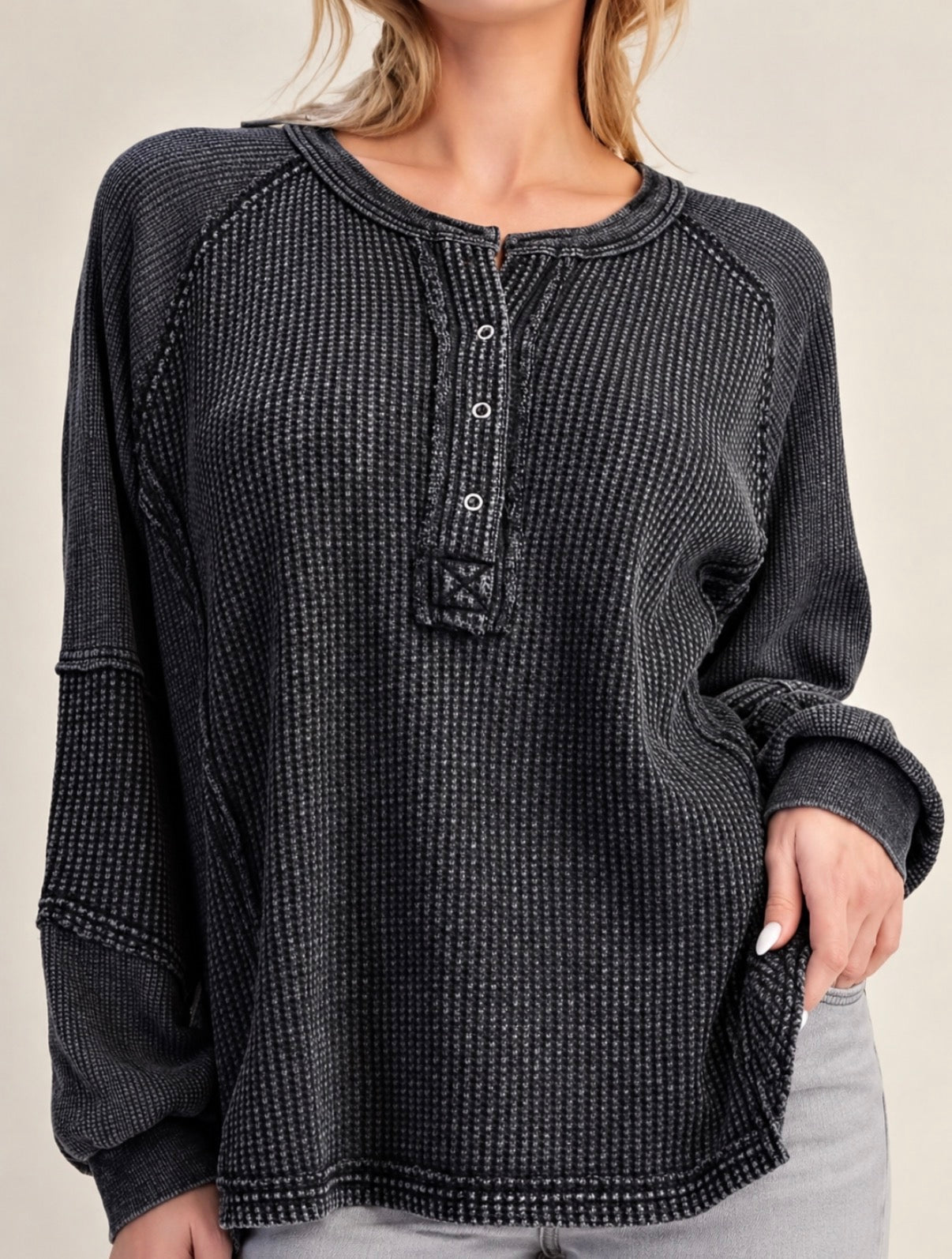 PREORDER NOW, Arriving Wednesday…Charcoal loose fit waffle henley