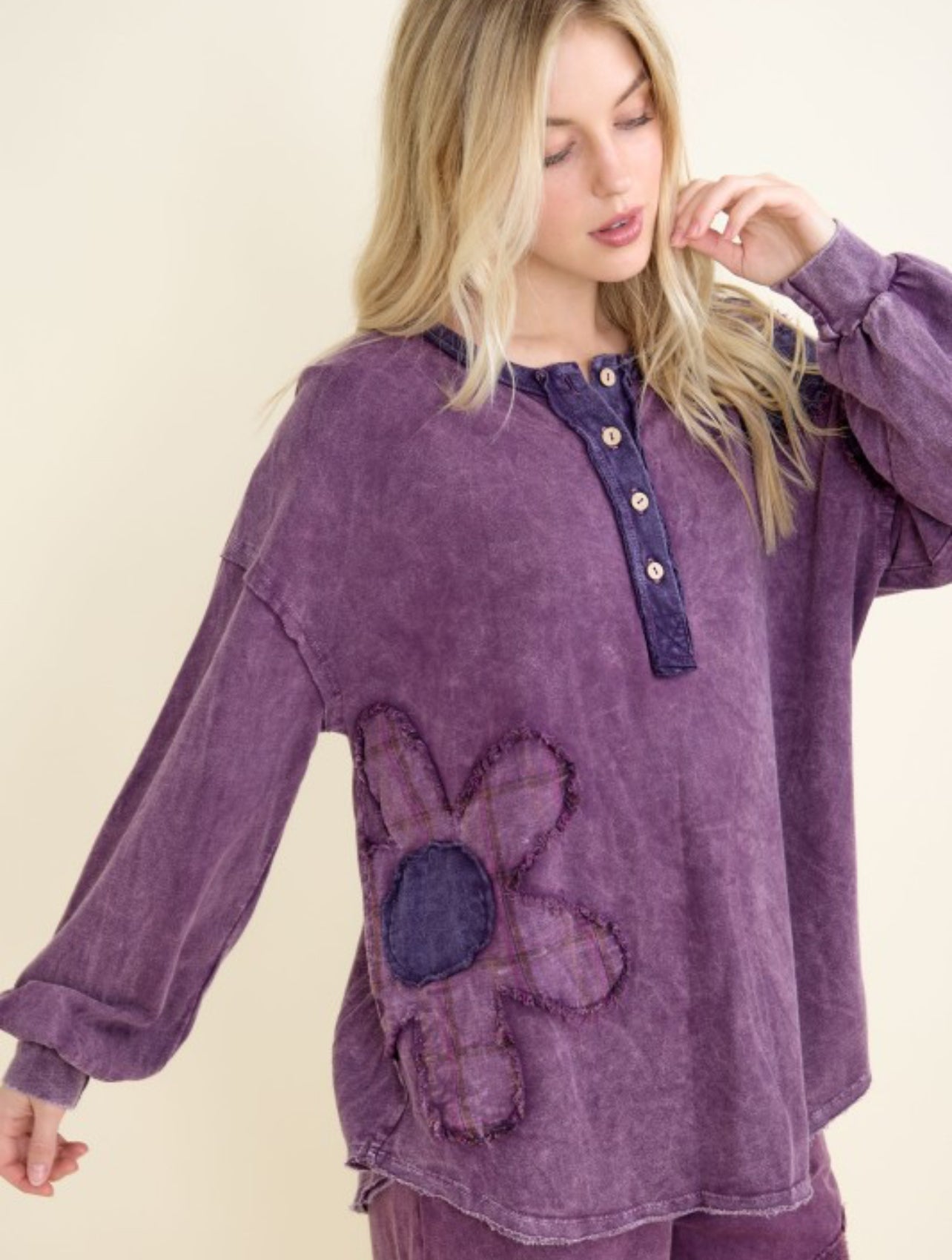 Purple henley with daisy patches