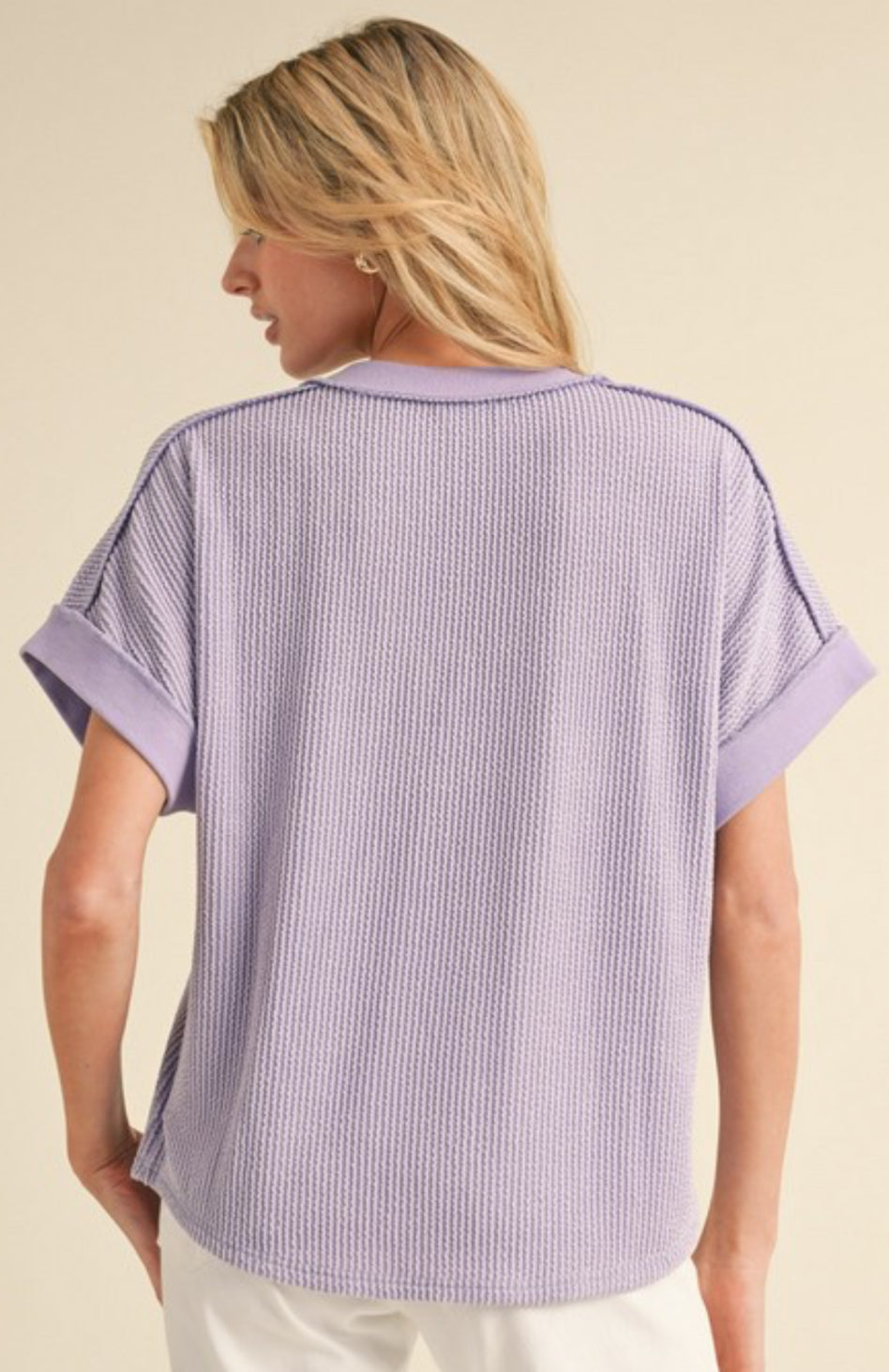 Black and lilac short sleeve soft rib v neck tops