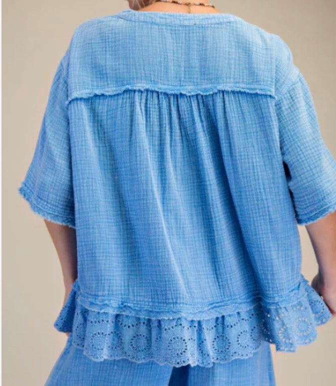 Blue gauze blouse with lace bottom and pockets (available in regular and plus sizes)