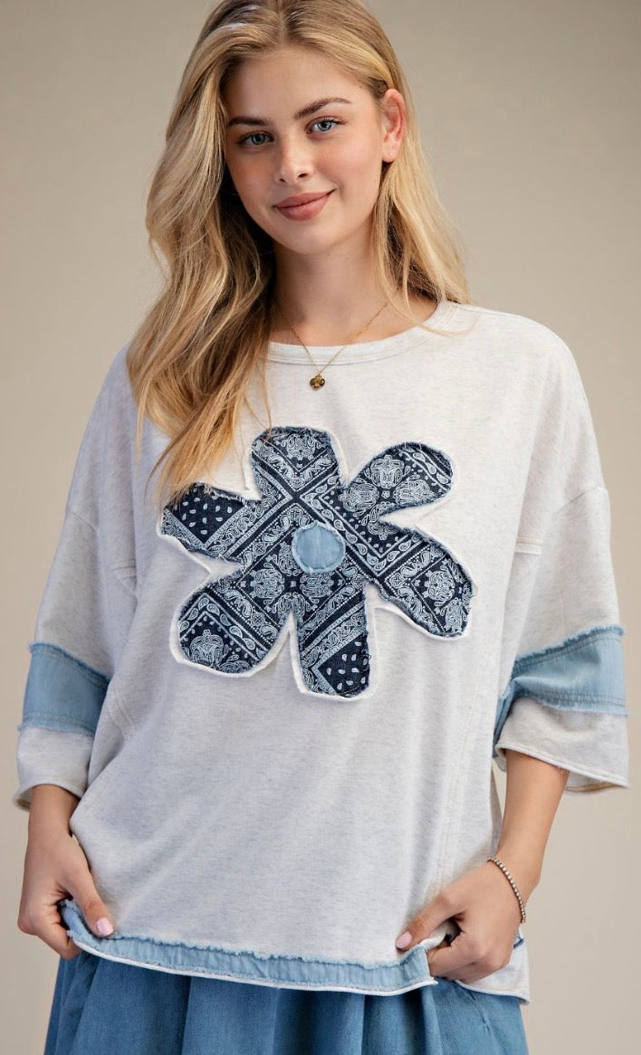Heather grey with blue bandanna daisy top (available up to XXL/2X)