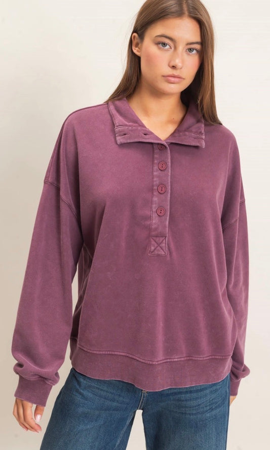 Plum soft fleece sweatshirt with buttons