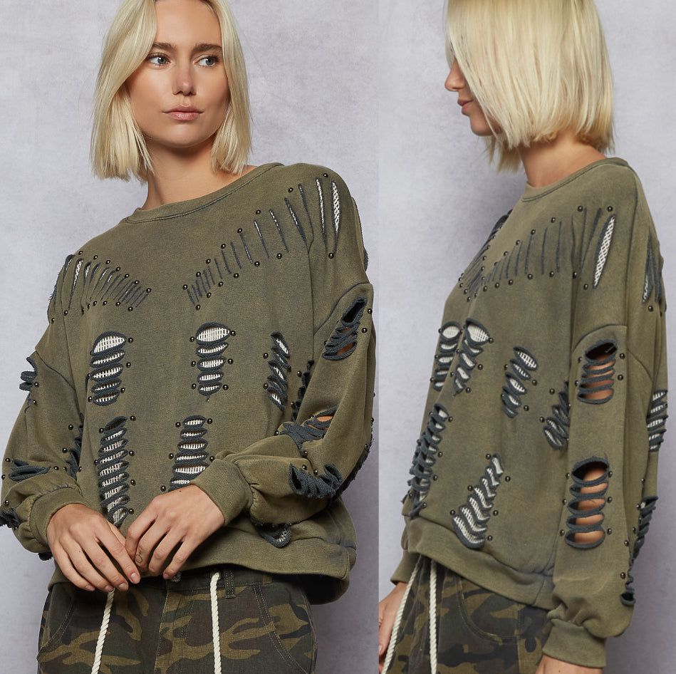 RESTOCKED! Olive slashed sweatshirt