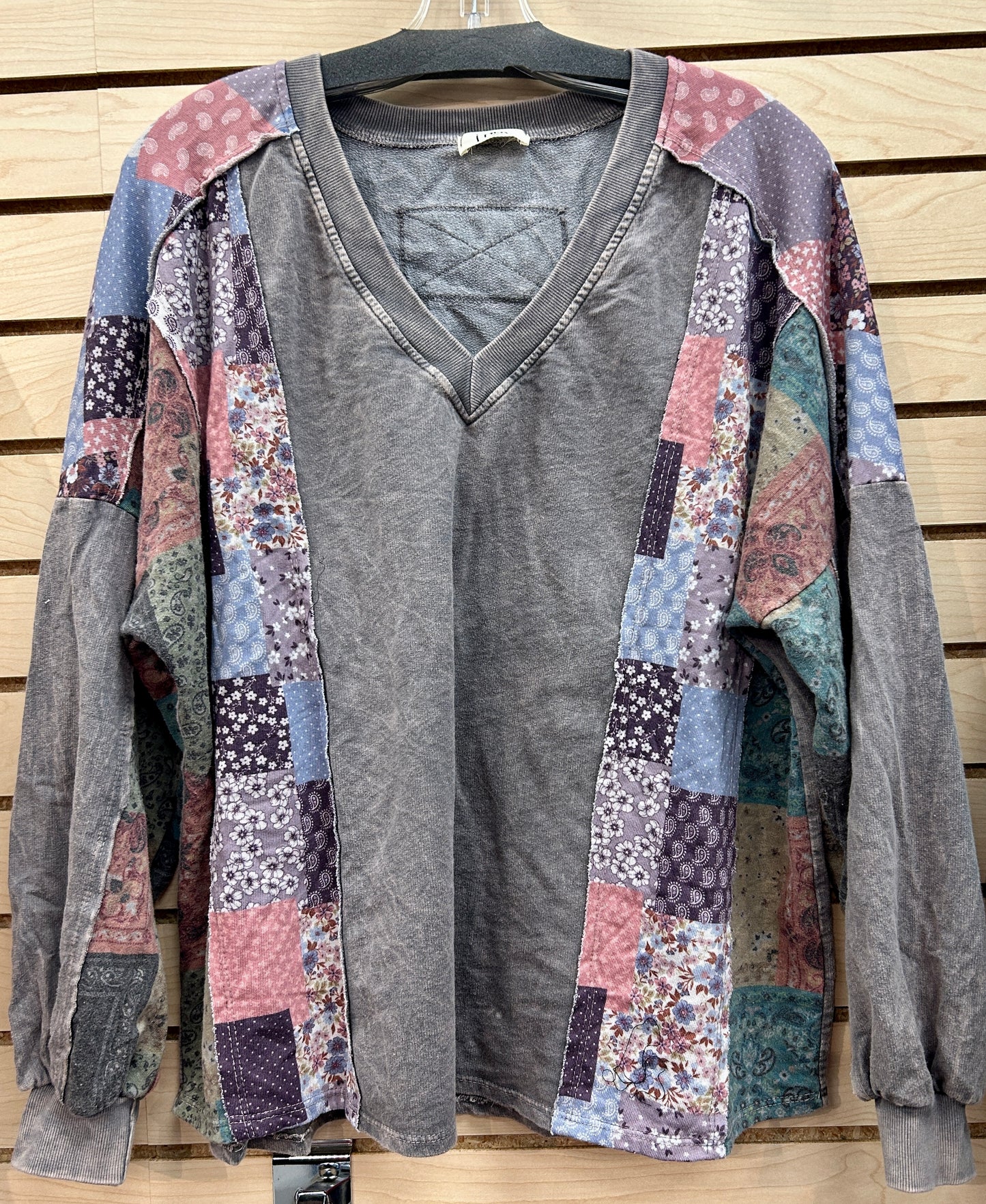 Grey loose fit v neck with patchwork detail