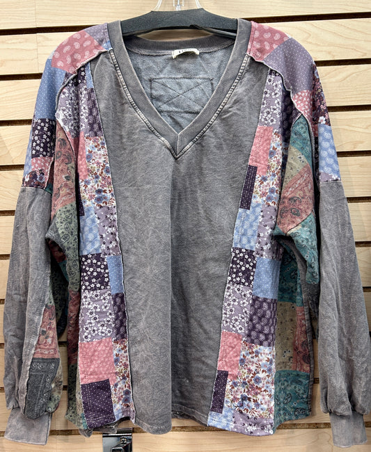 Grey loose fit v neck with patchwork detail