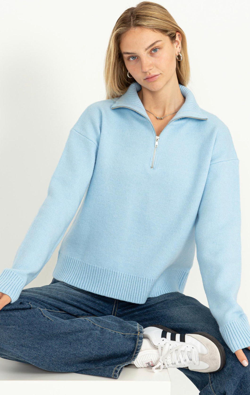 Sky blue half zip soft knit sweater