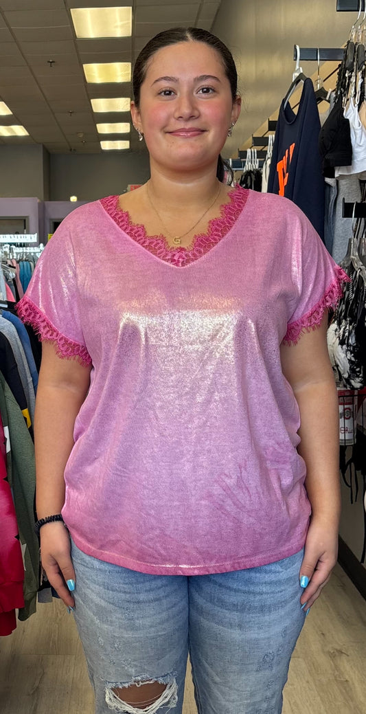 Pink shimmer soft knit v neck top with lace trim