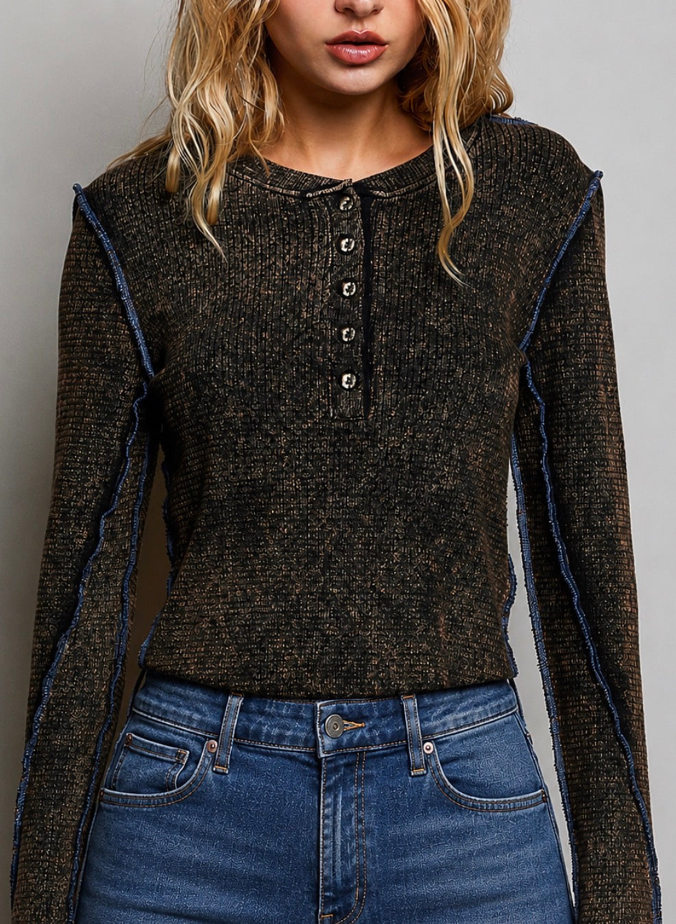 PREORDER NOW, Arriving Thursday…Black waffle henley with blue stitching