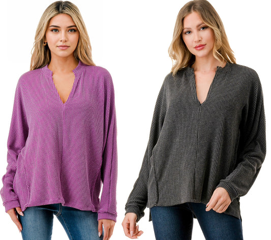 Soft rib notch neck tops in charcoal and magenta