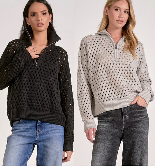 Black and grey crochet quarter zip tops