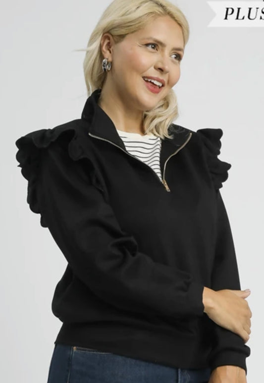 Plus size black ruffle shoulder quarter zip