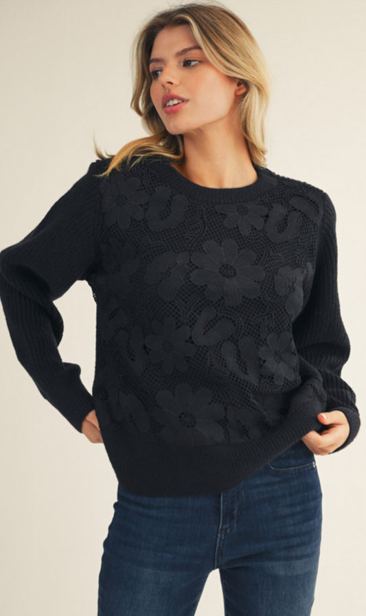 Black sweater with black lace daisies