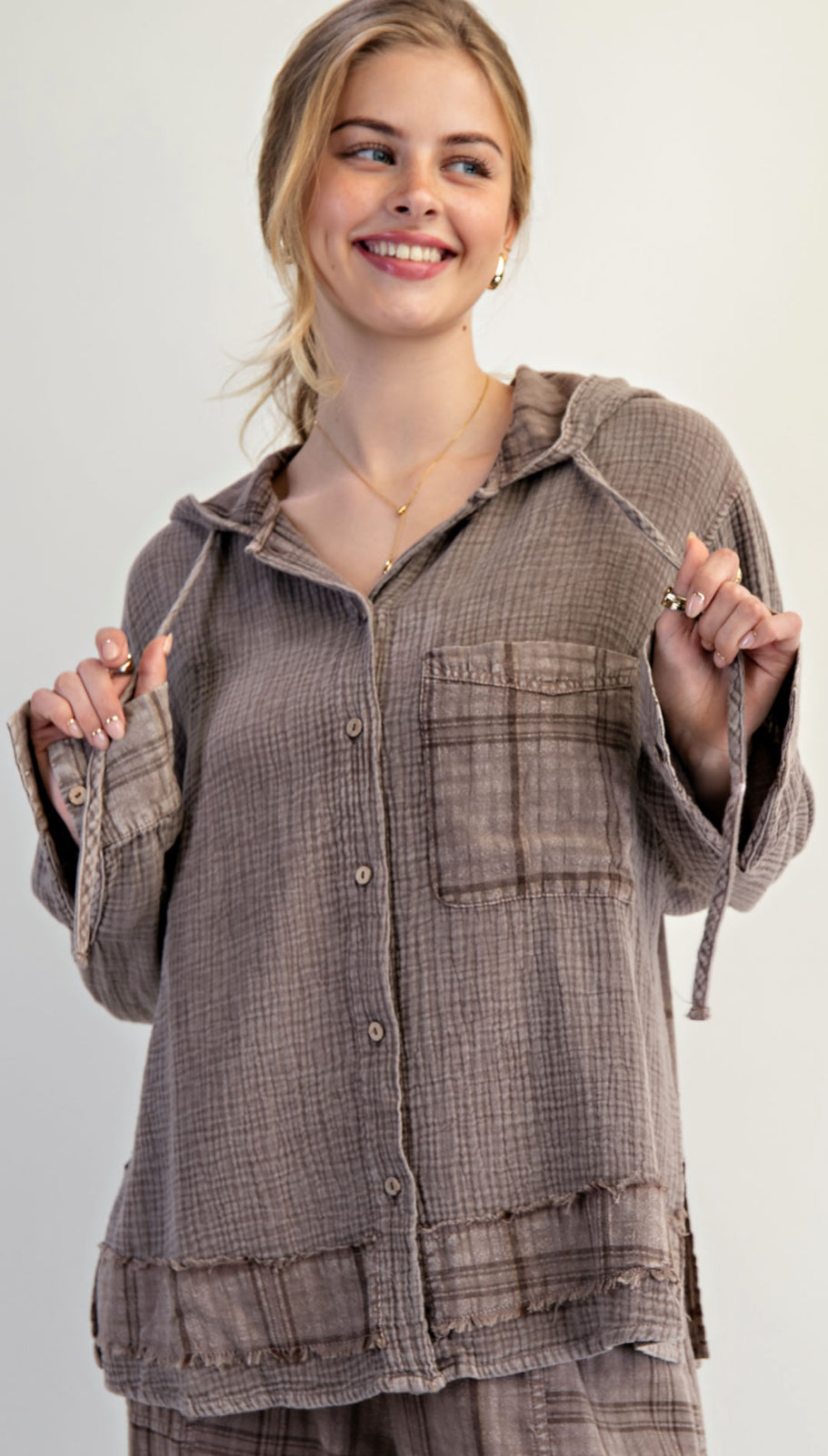 Mocha gauze plaid hooded shacket
