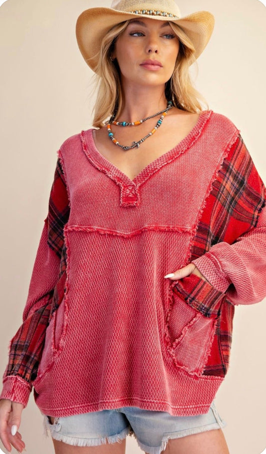 Red thermal loose fit v neck with plaid inserts