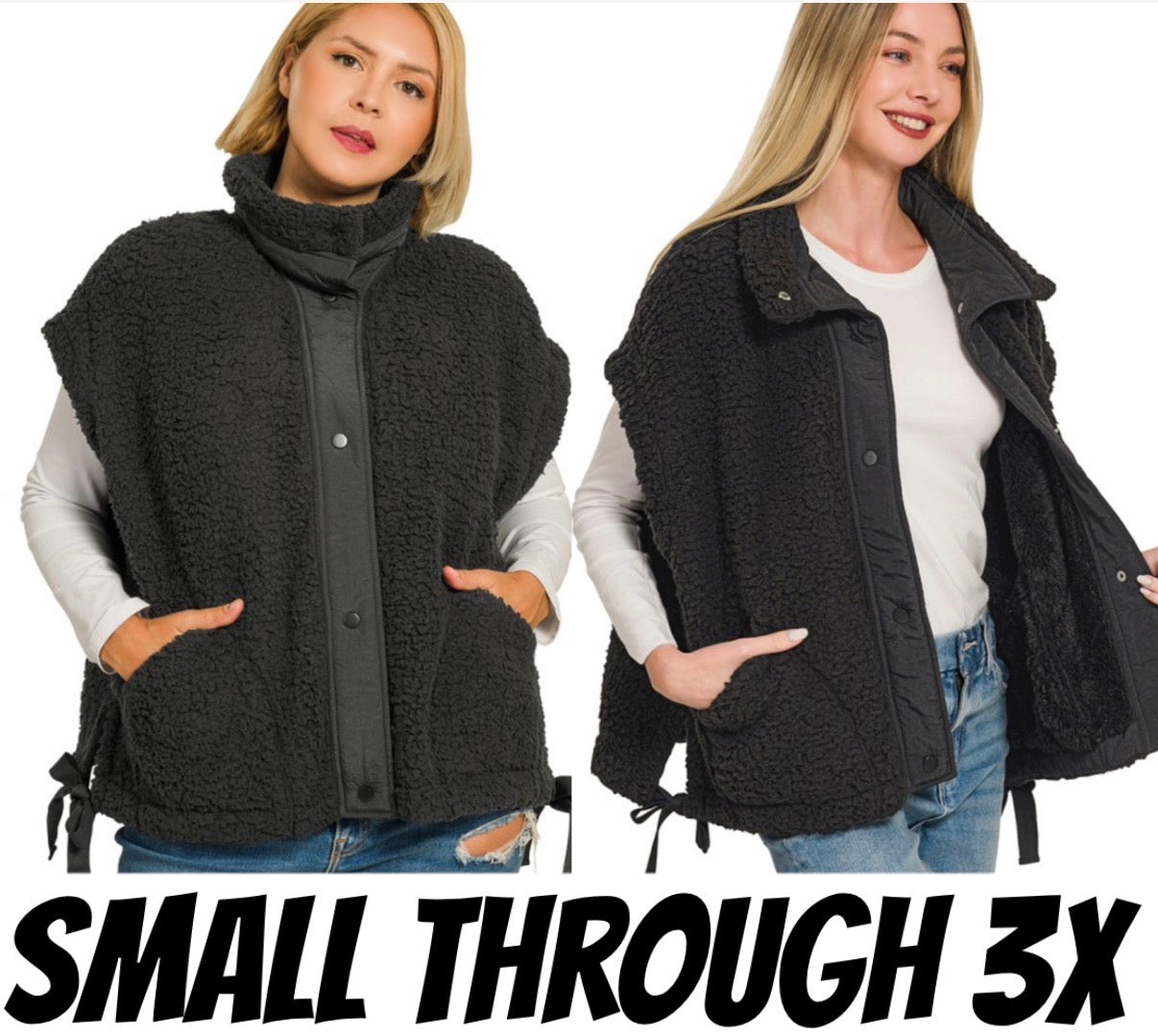 Black sherpa vest with side ties, also available in plus sizes