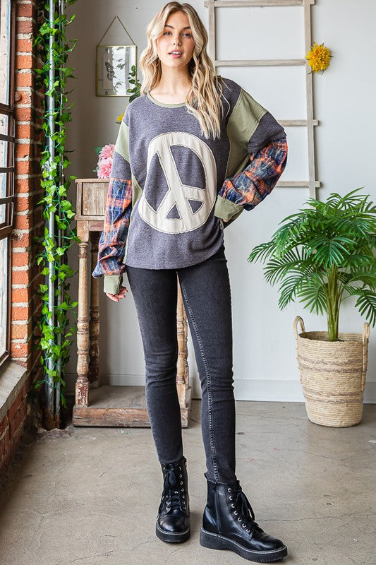 Loose fit top with patched peace sign and plaid sleeves (up to XXL) Final restock of BEST SELLER!