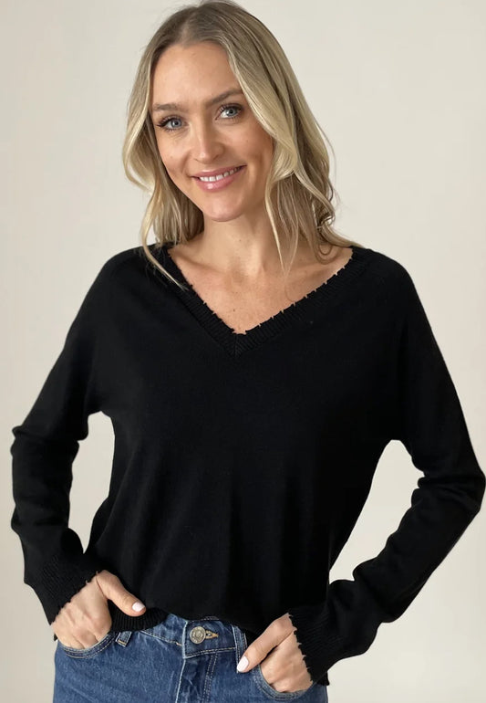 Six Fifty Andrea black super soft knit sweater with fray detail at neck and cuffs