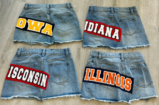 Custom denim skirt with patch (order for ANY school or camp and tube top sold separately on our website)