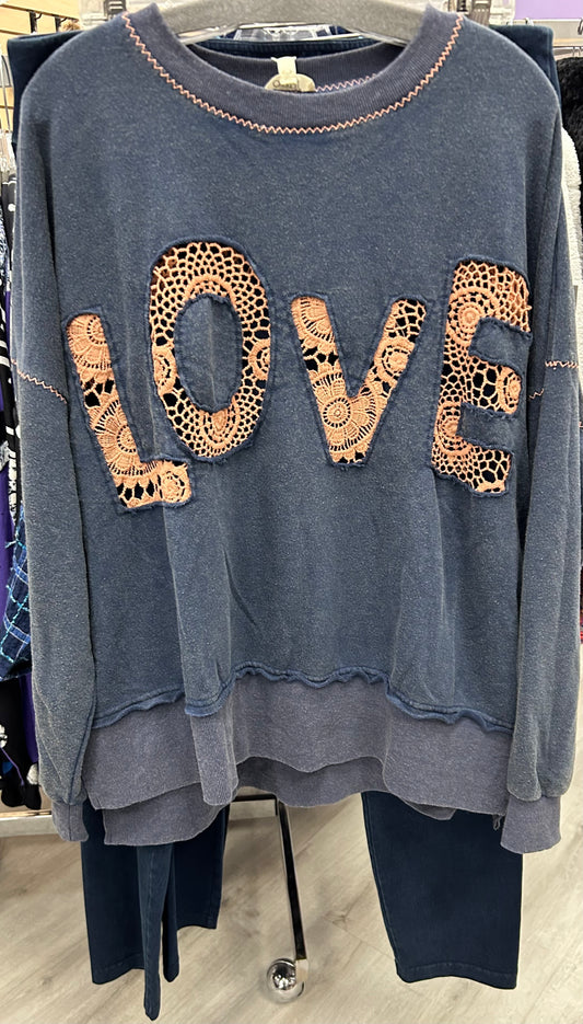 PLUS SIZE navy soft sweatshirt with tan lace LOVE