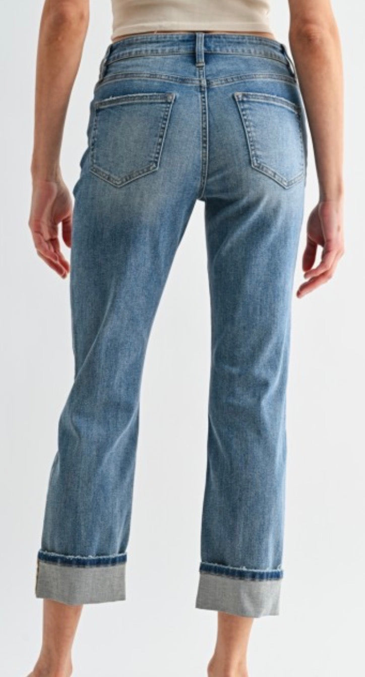 Mica cuffed stretch jeans, mid wash relaxed fit & lighter wash straight leg