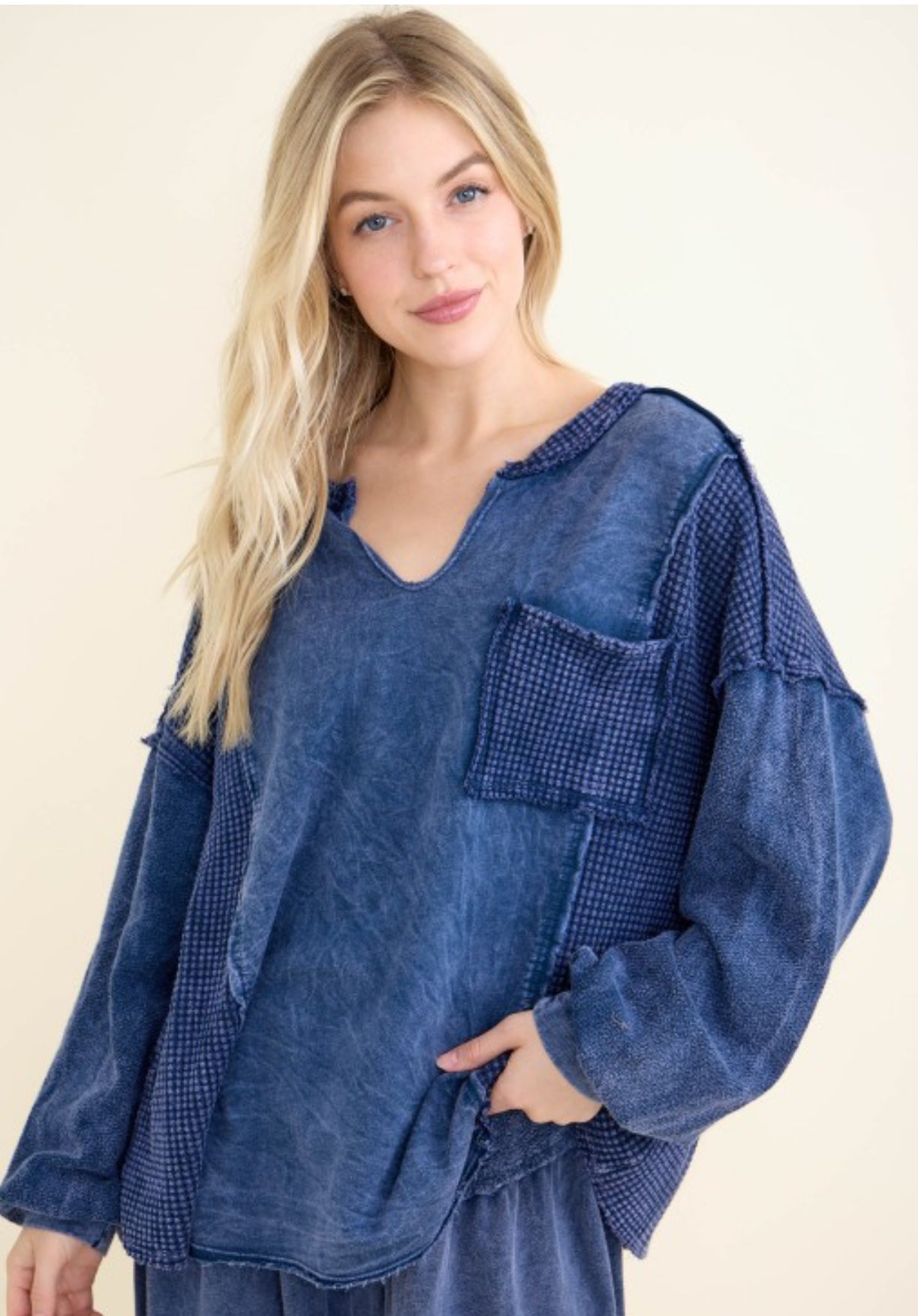 Navy loose fit top with thermal inserts and pocket