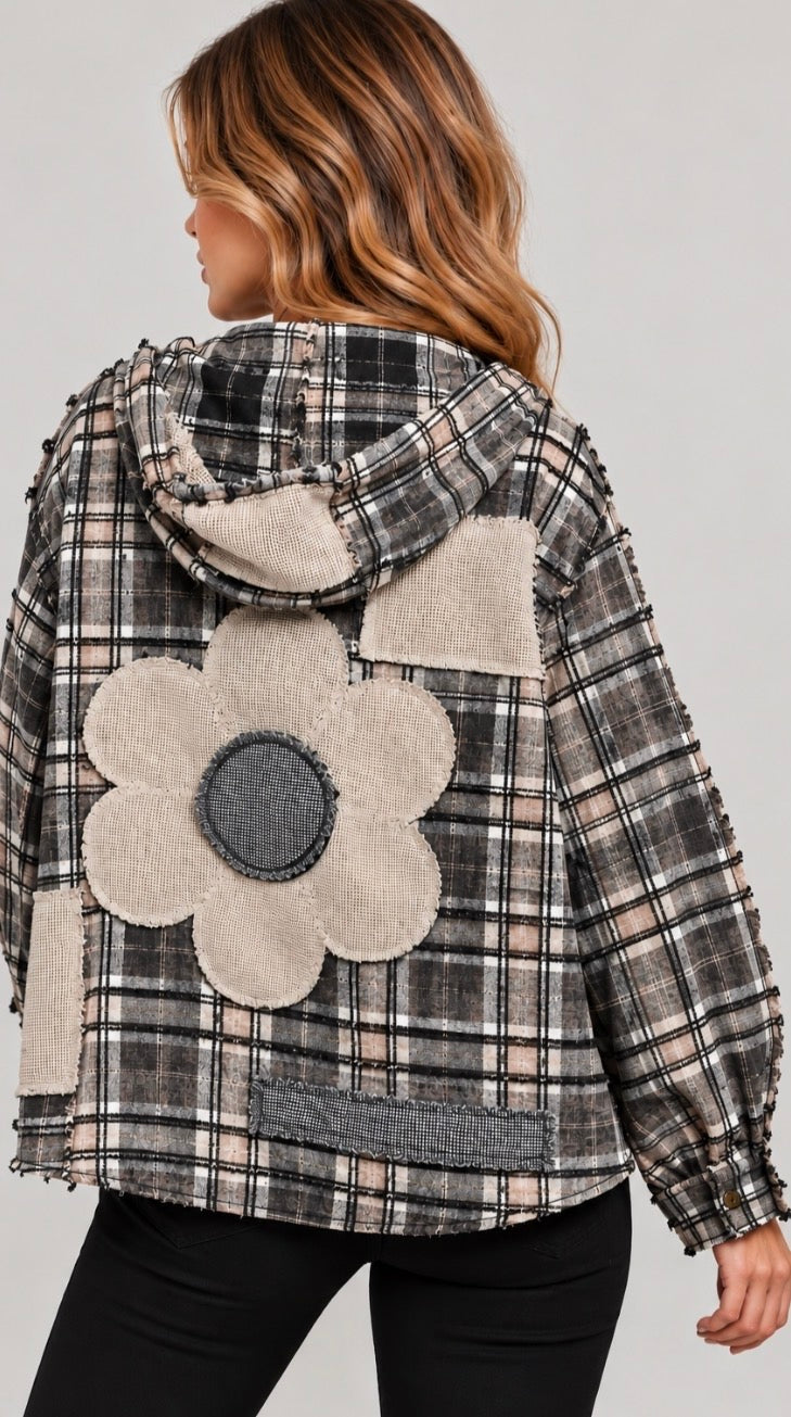 PREORDER NOW, Arriving Friday…Black/white plaid blouse with daisy patch on back