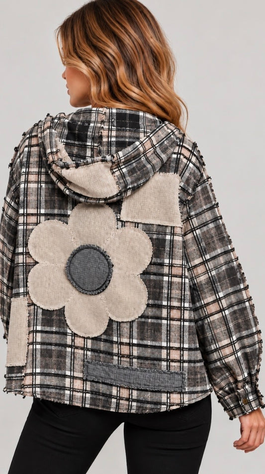 PREORDER NOW, Arriving Friday…Black/white plaid blouse with daisy patch on back